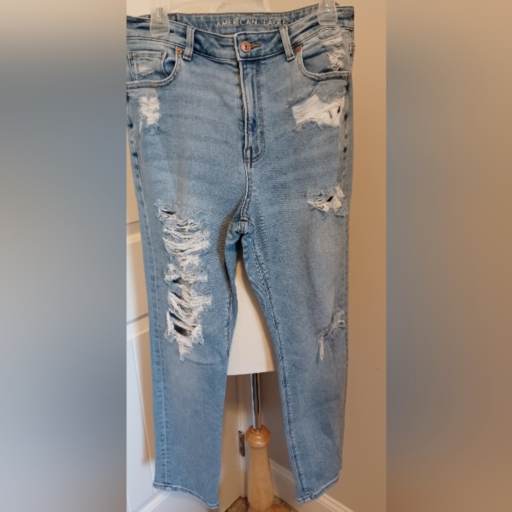 American Eagle Stretch High Rise Distressed Med Wash Mom Jeans Sz 10 #0214